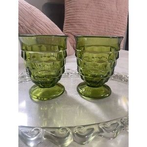 2 Vintage Indiana Whitehall Colony Cubist Footed Avocado Juice Glasses 5oz Chip